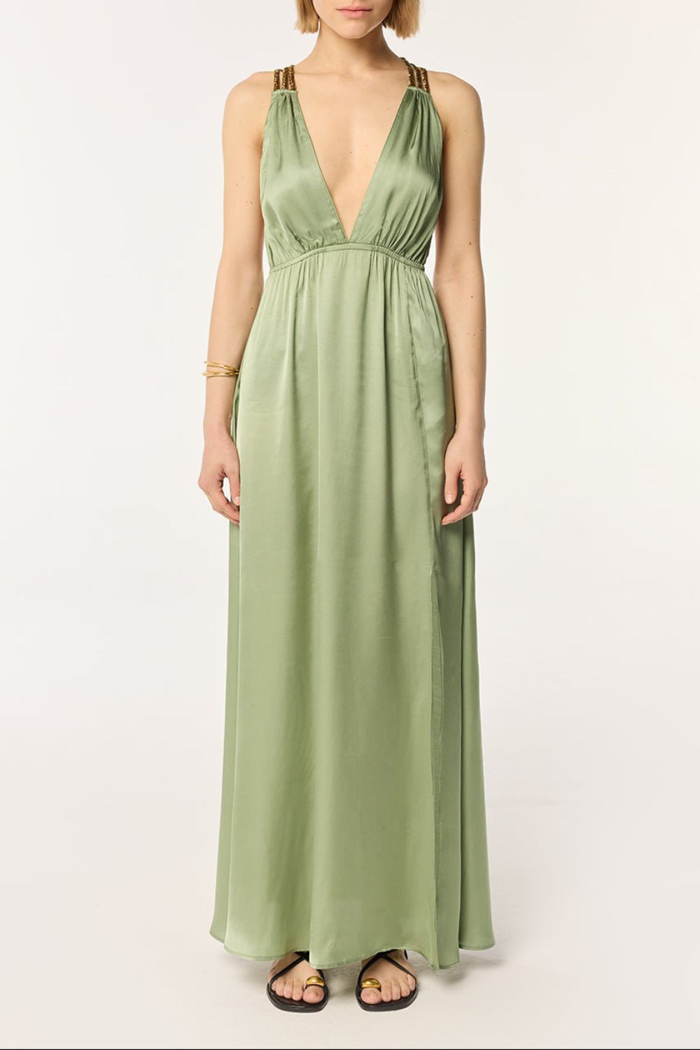 Long Dress Cycas-Sage | Spring Collection | Poupette St Barth M / SAGE / VISCOSE SATIN PLAIN