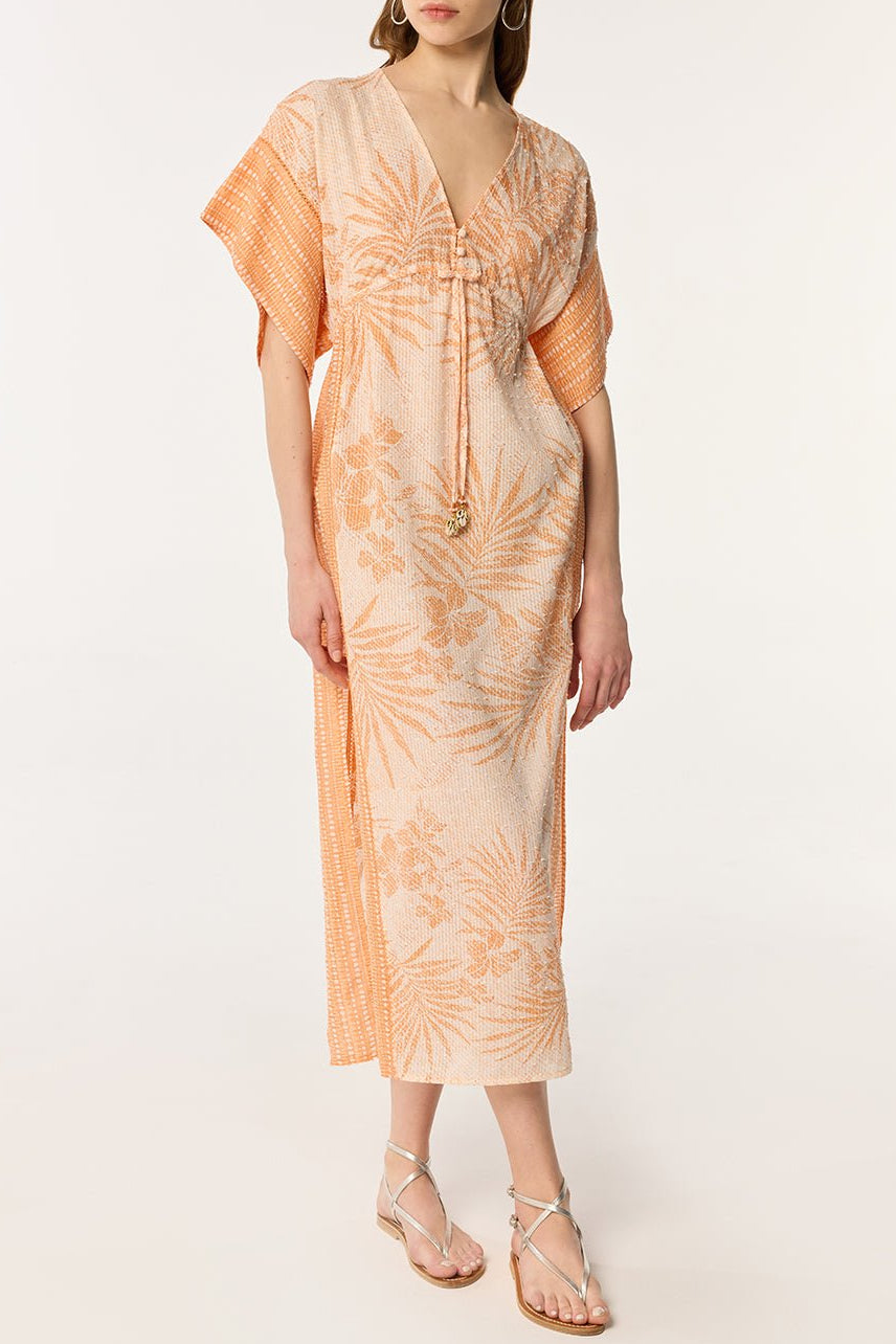 Long Kaftan Amaya - Orange Frangipani | Spring Collection | Poupette St Barth SM / Orange Frangipani / COTTON STRIPE PLUMETIS Long Kaftan Amaya - Orange Frangipani | Spring Collection | Poupette St Barth SM / Orange Frangipani / COTTON STRIPE PLUMETIS