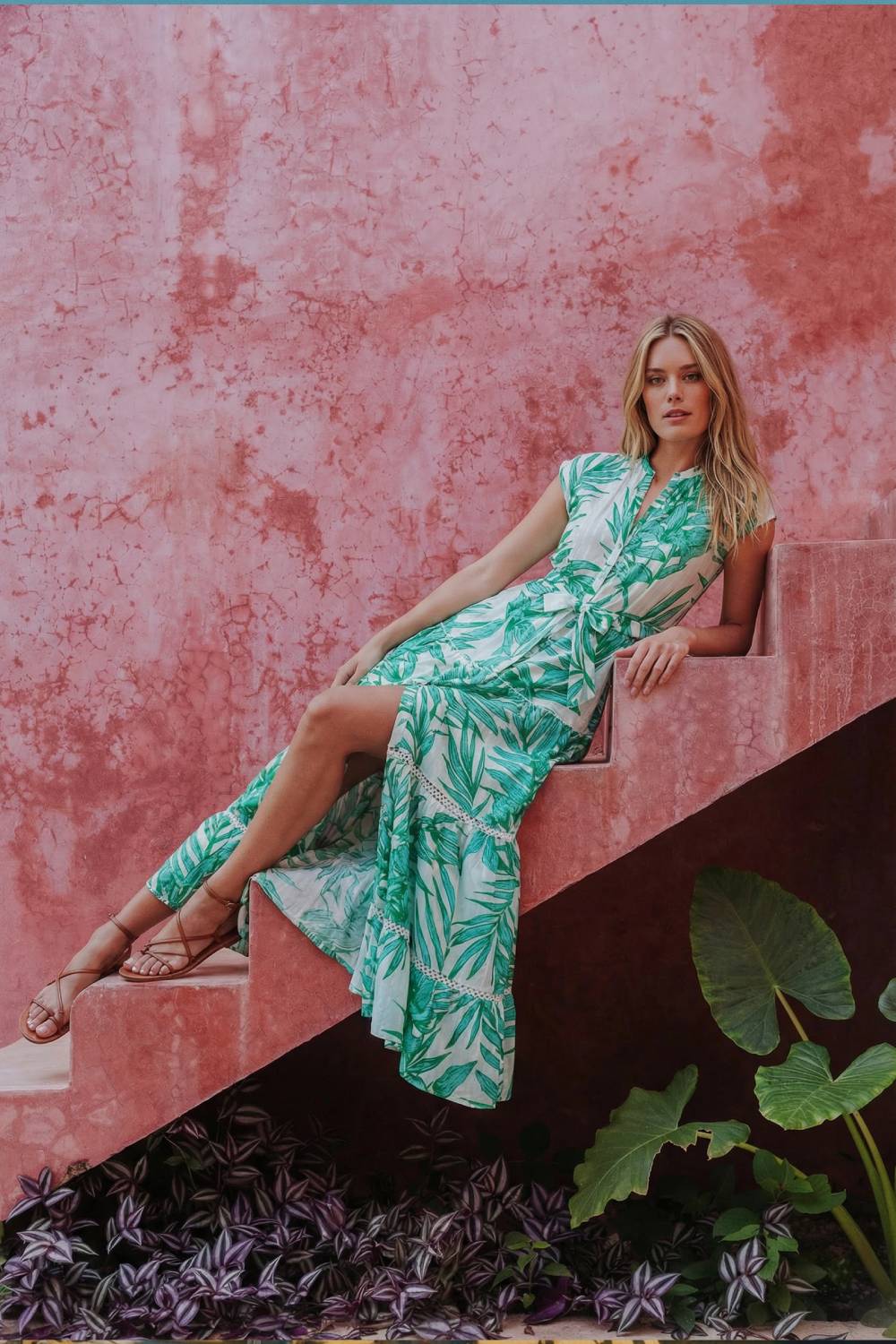 Long Dress Kora - Green Palm Leaf - Poupette St Barth