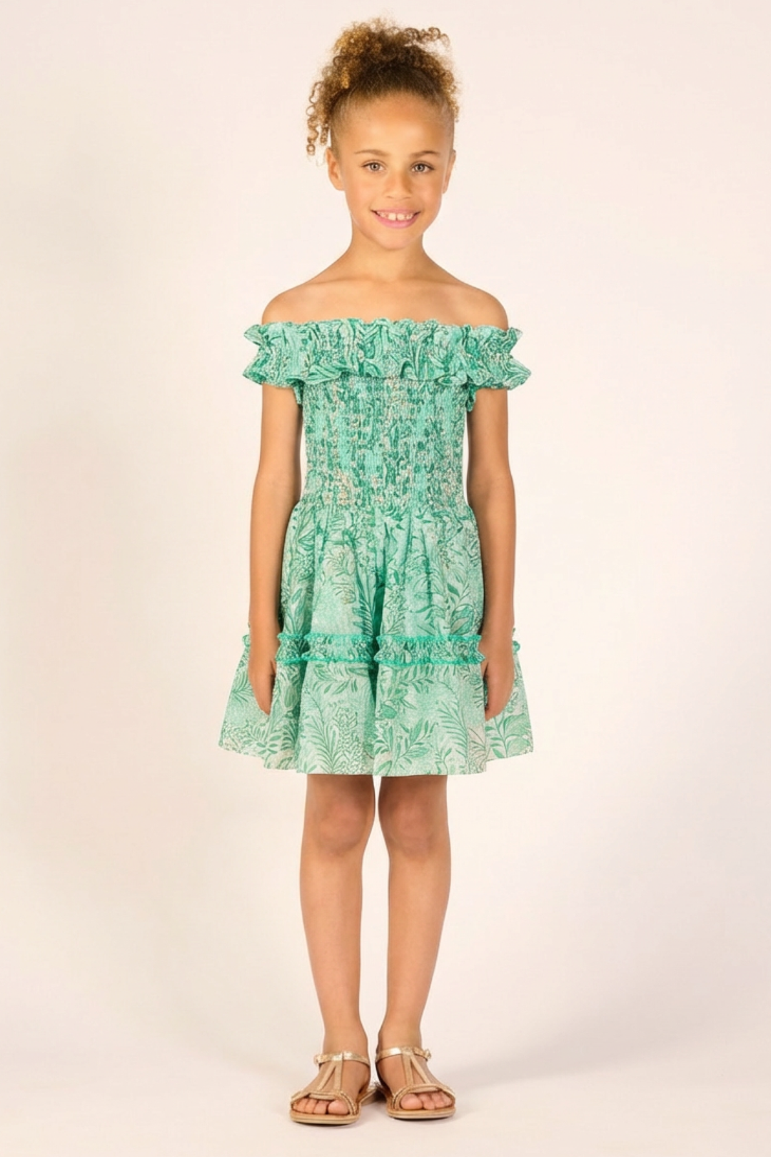Mini Dress Amber for girls - Green Palmarosa - Poupette St Barth