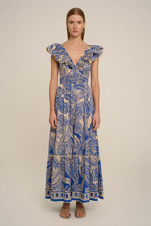 Blue Delia long dress – Long Dress Antea by Poupette St Barth, front view with ruffle sleeves and V-neck