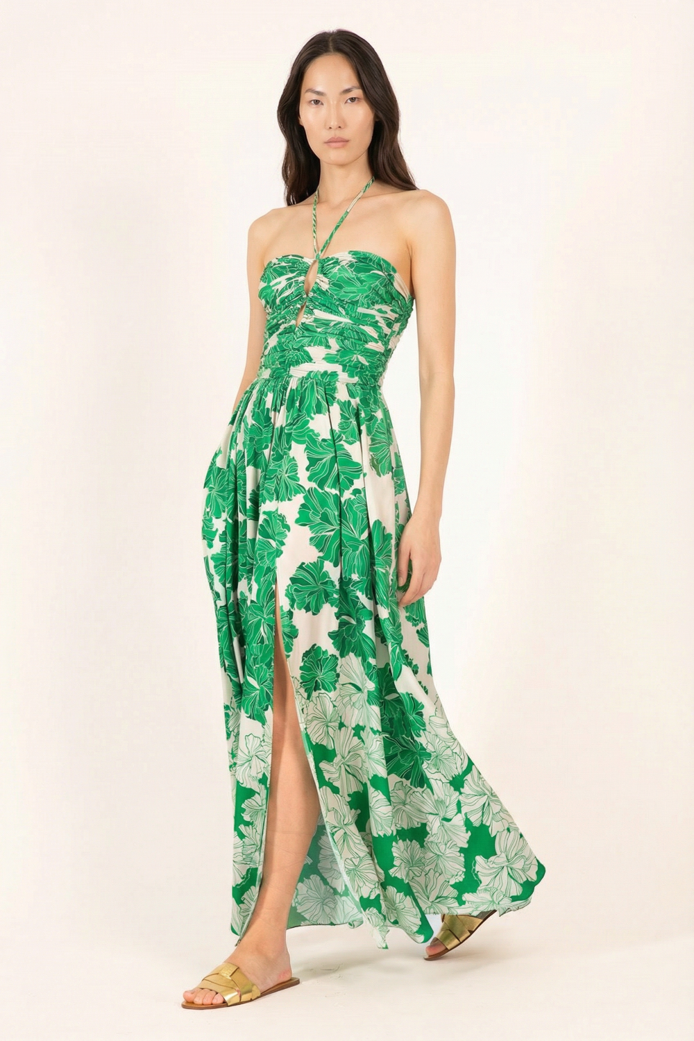 green floral dress maxi Elegant Leaf Print Halter for Weddings and Evenings Turquoise / Floor Length / US6 length A Emerald Green Floral Sleeveless Maxi