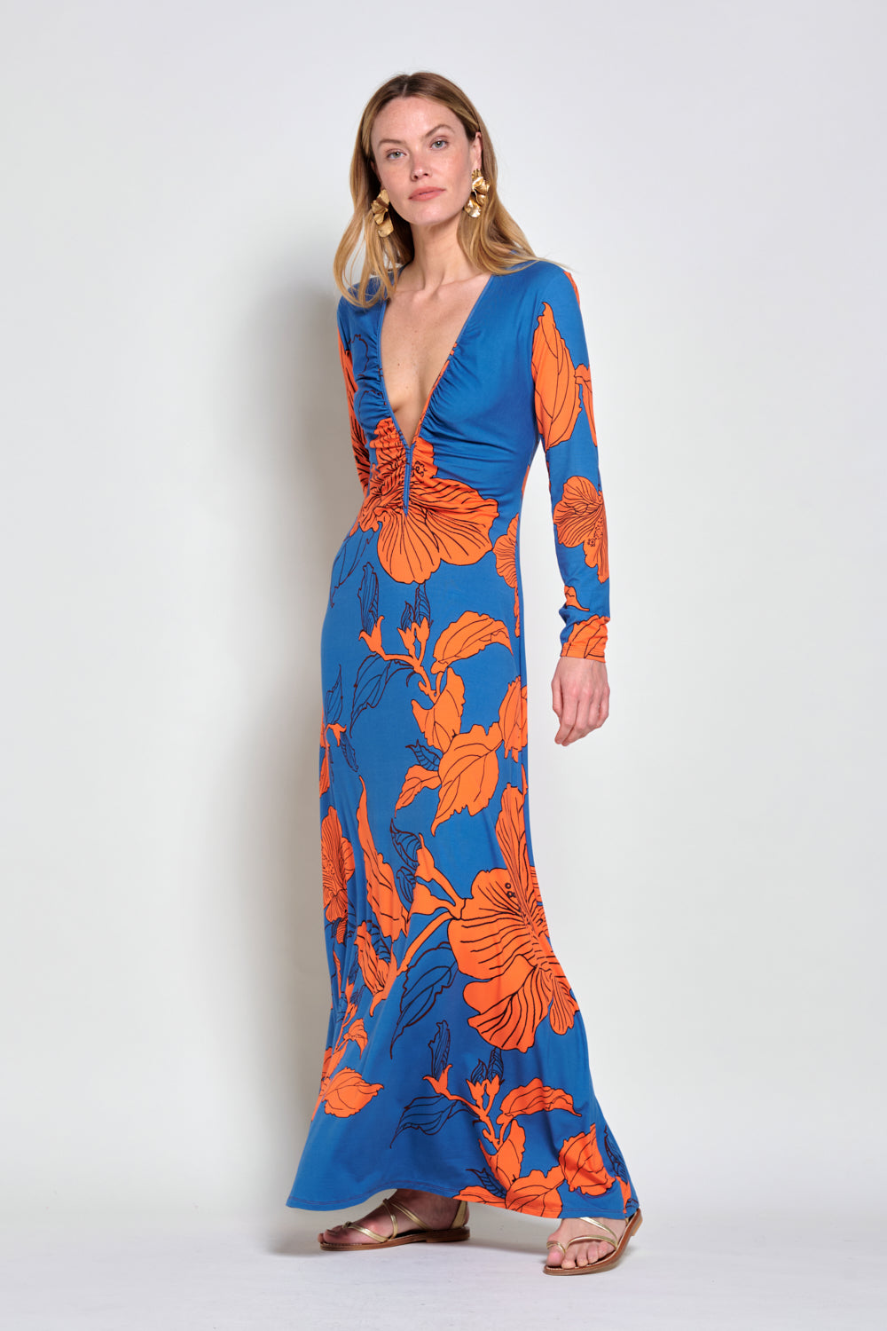 Blue Hibiscus long dress – Long Dress Bossa by Poupette St Barth, front view with plunging V-neck and long sleeves