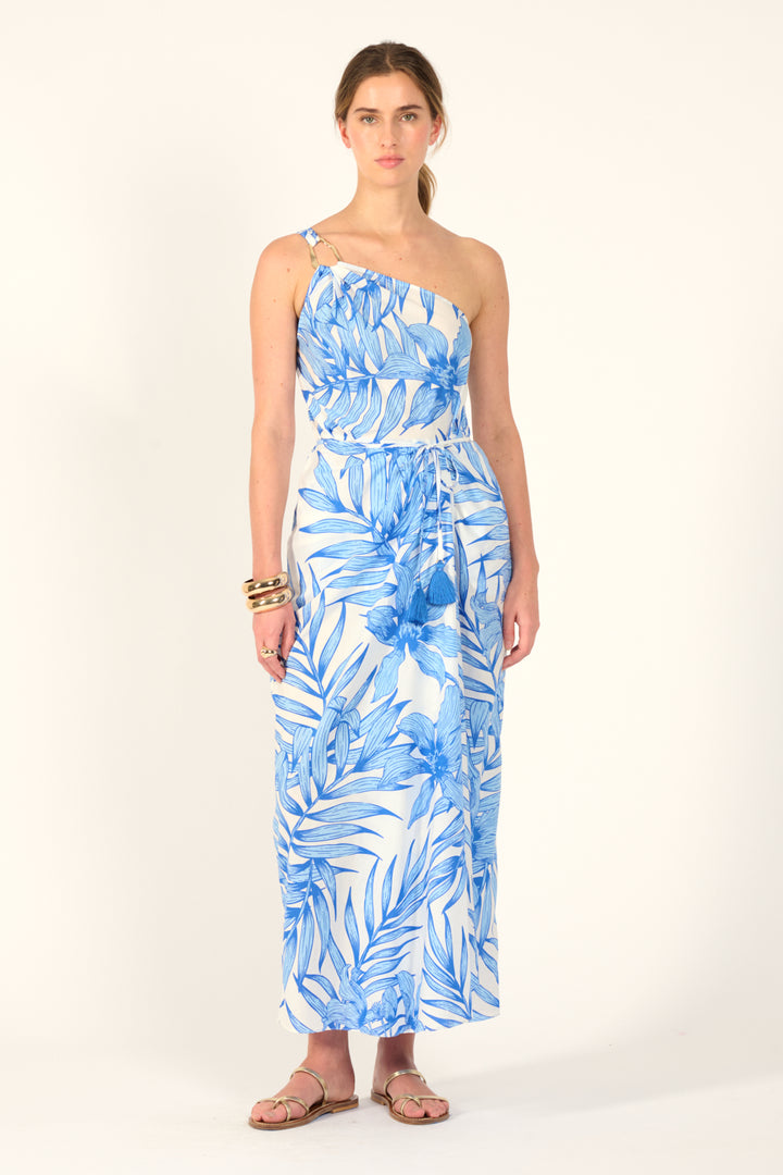 Long Dress Fanny - Blue Palm Leaf - Poupette St Barth