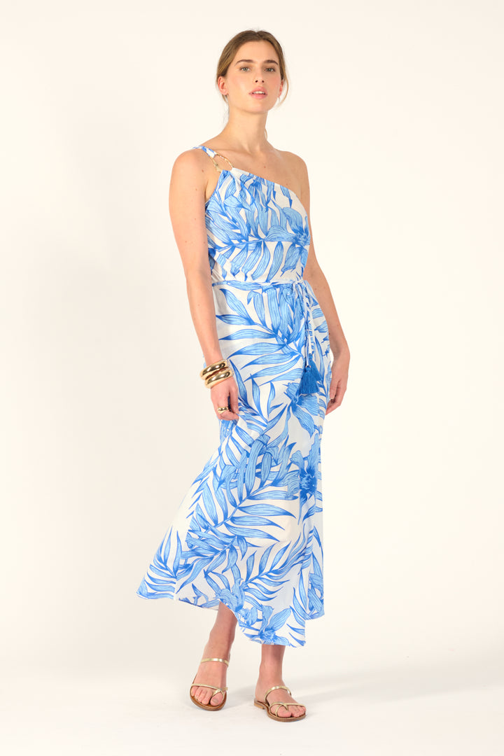 Long Dress Fanny - Blue Palm Leaf - Poupette St Barth