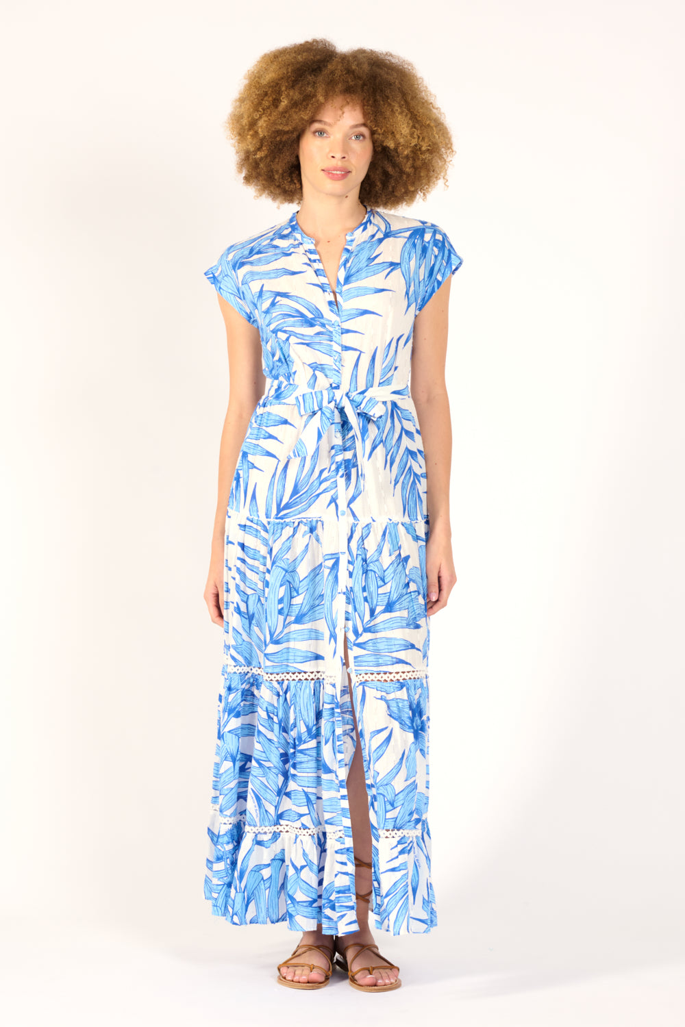 Long Dress Kora - Blue Palm Leaf - Poupette St Barth