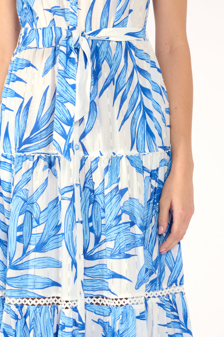 Long Dress Kora - Blue Palm Leaf - Poupette St Barth