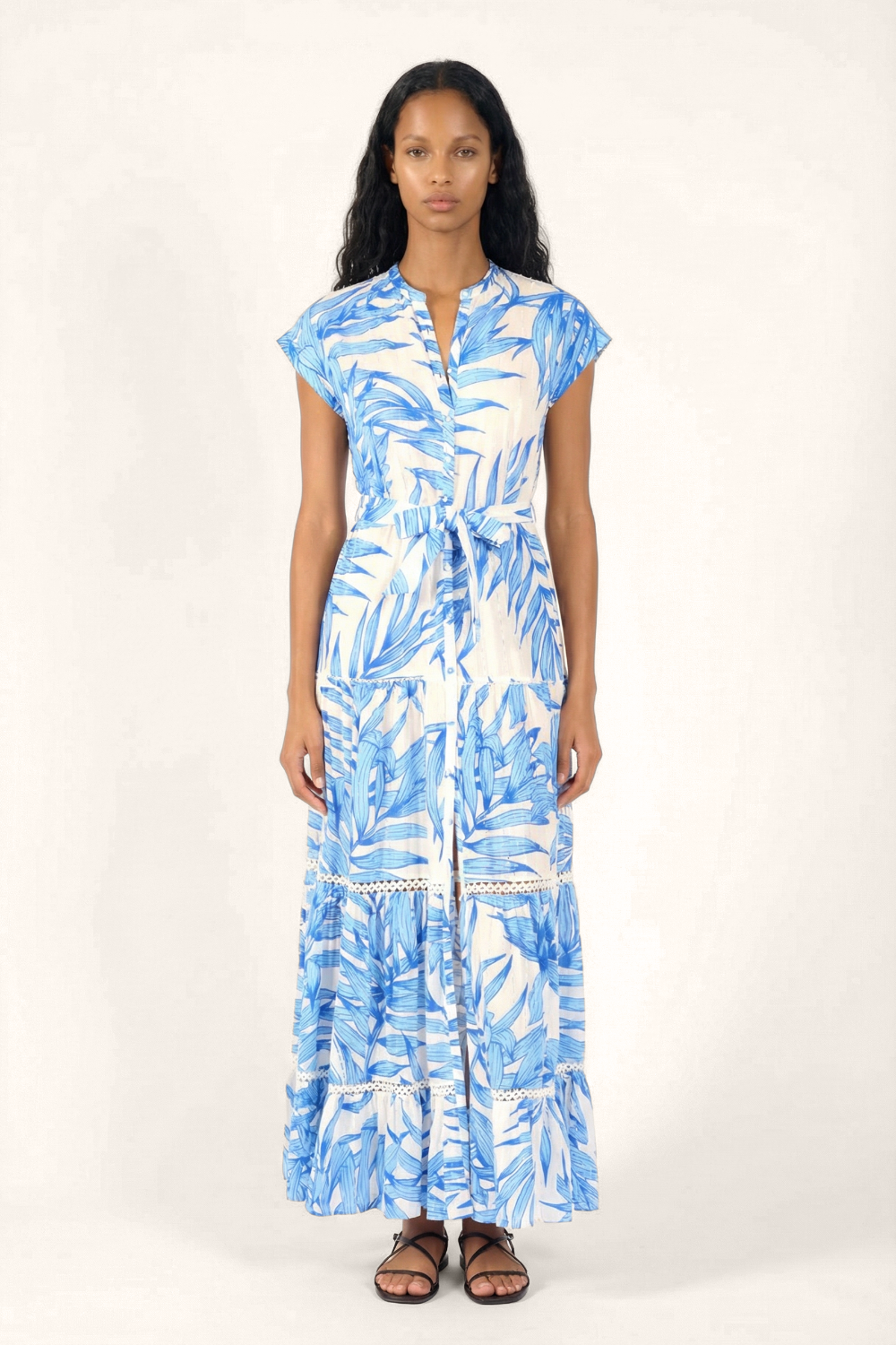 Long Dress Kora - Blue Palm Leaf - Poupette St Barth