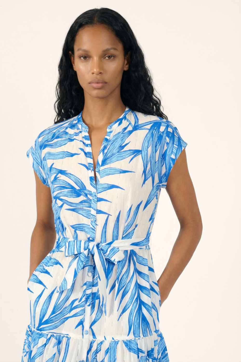 Long Dress Kora - Blue Palm Leaf - Poupette St Barth