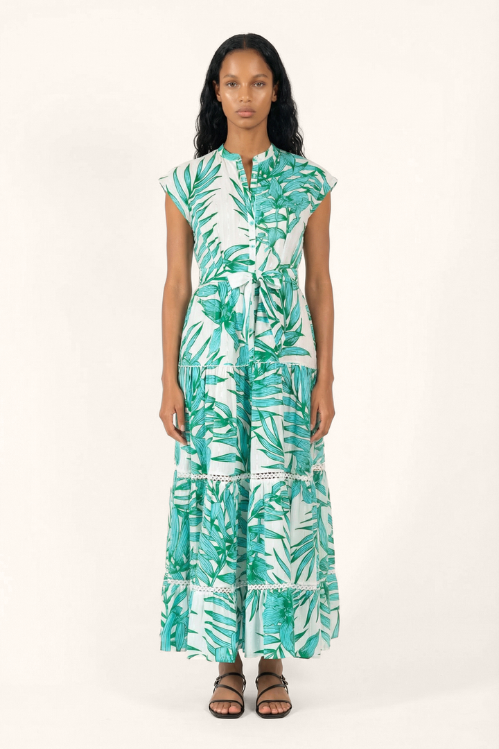 Long Dress Kora - Green Palm Leaf - Poupette St Barth