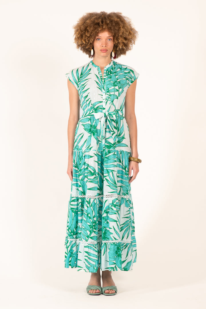 Long Dress Kora - Green Palm Leaf - Poupette St Barth