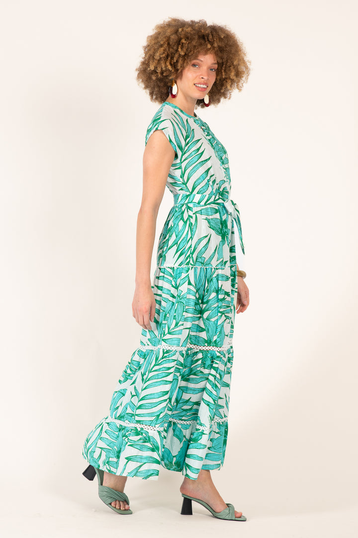 Long Dress Kora - Green Palm Leaf - Poupette St Barth
