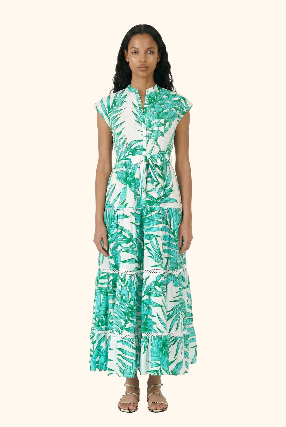 Long Dress Kora - Green Palm Leaf - Poupette St Barth