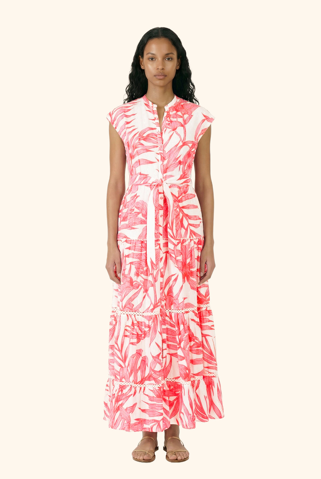 Long Dress Kora - Pink Palm Leaf - Poupette St Barth
