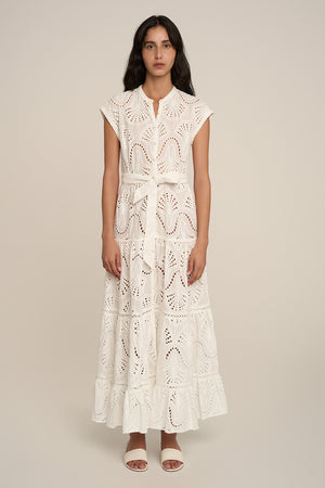 Natural white Long Dress Kora by Poupette St Barth, featuring flowing fabric and elegant design, front view.