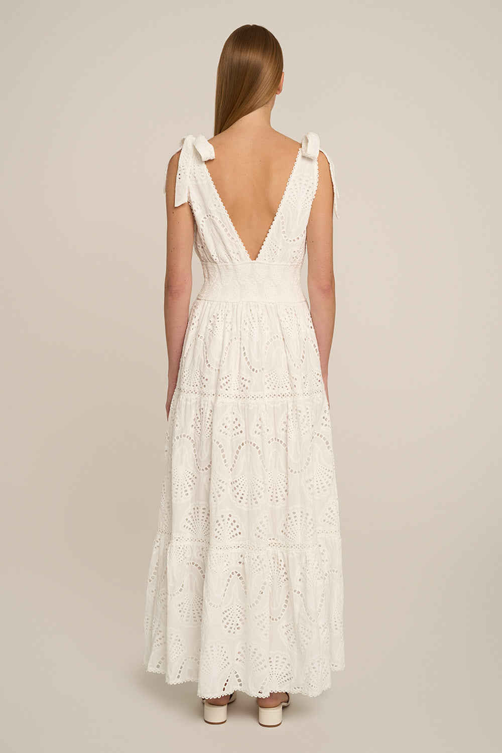 Poupette St Barth Long Dress Luiza in natural white fabric, back view showing flowing design and elegant long silhouette.
