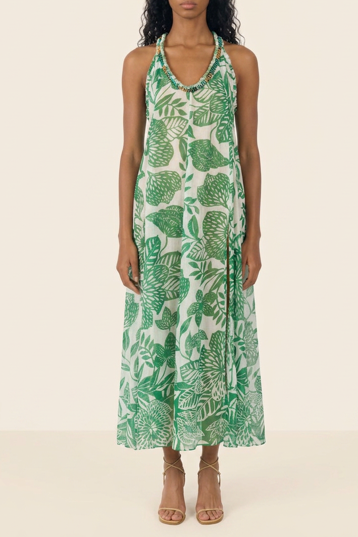 White Green Macro Stelis long dress – Long Dress Nava by Poupette St Barth, front view