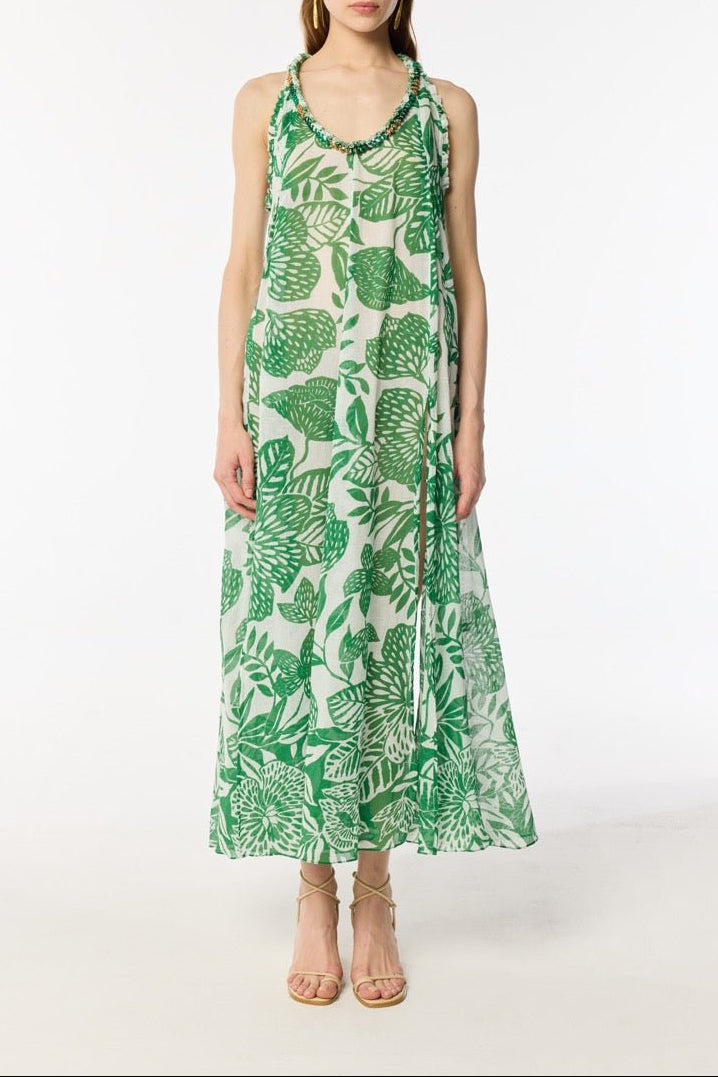 Long Dress Nava - White Green Macro Stelis Poupette St Barth Long Dress Nava - White Green Macro Stelis Poupette St Barth