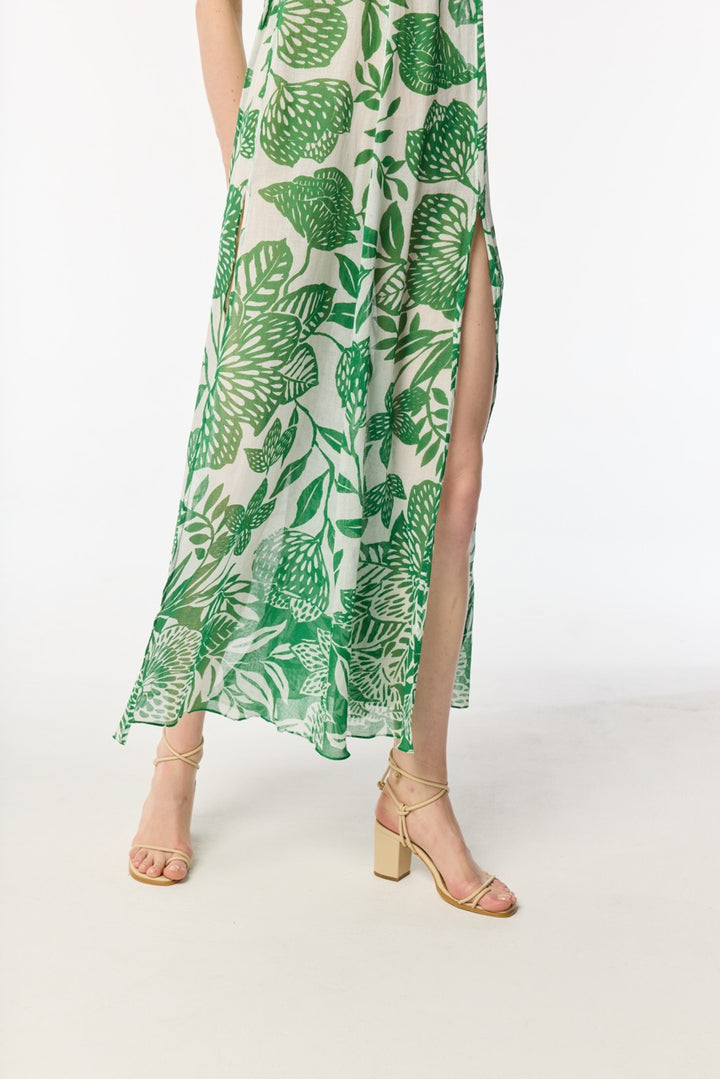Long Dress Nava - White Green Macro Stelis - Poupette St Barth