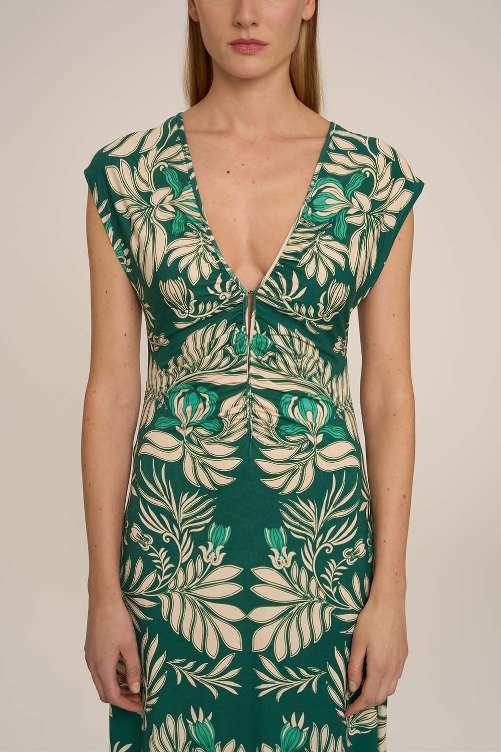Green Poupette St Barth Long Dress Nova in Kerylos style, flowing fabric with a relaxed, elegant silhouette.