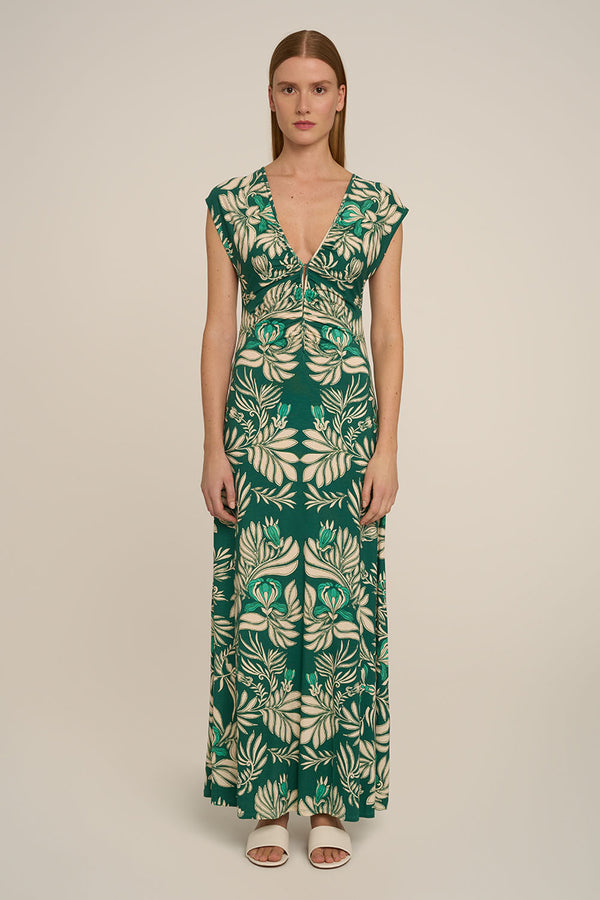 Green Kerylos long dress – Long Dress Nova by Poupette St Barth, front view with ruched V-neck and cap sleeves