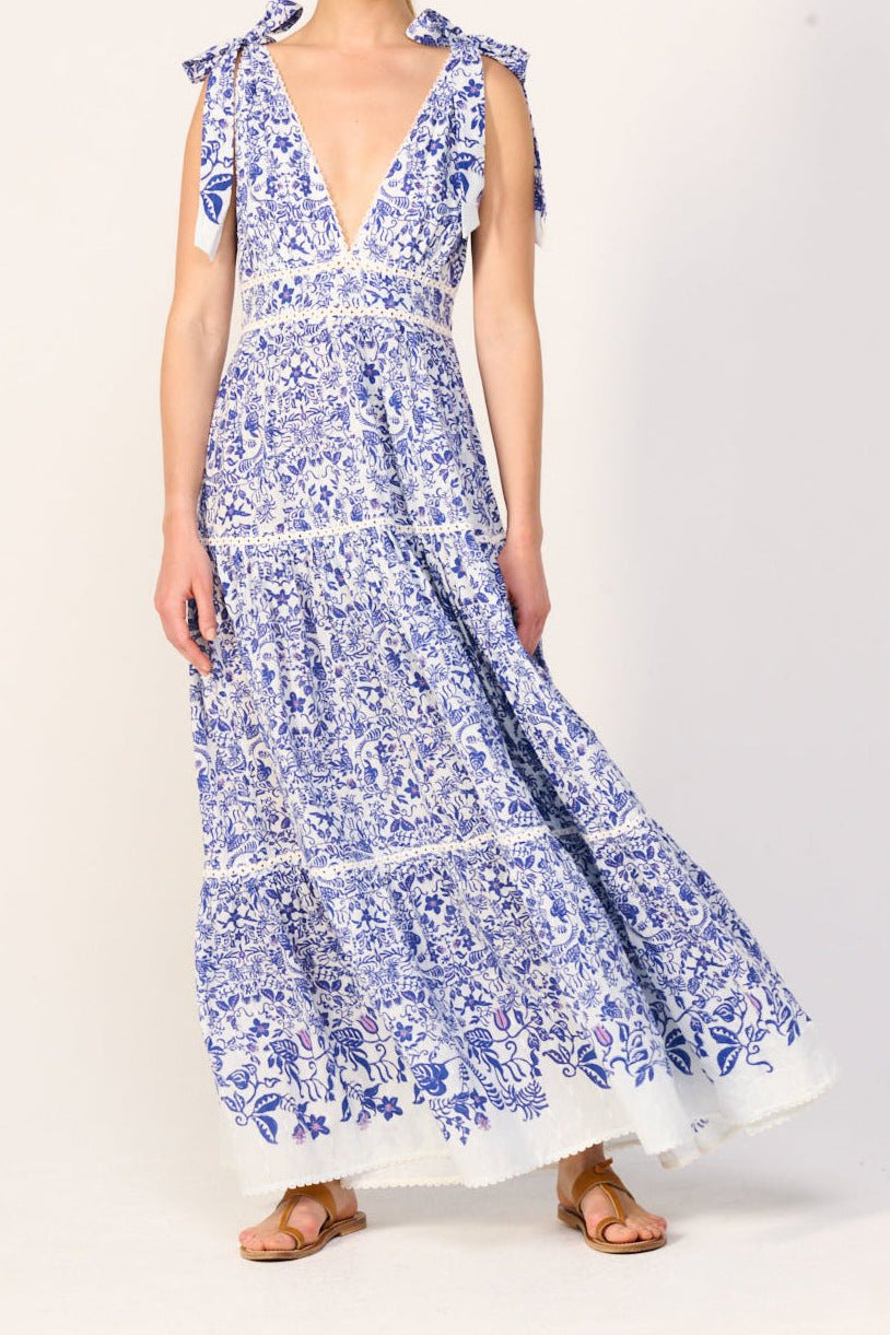 Blue Poupette St Barth Long Dress Perla in Tiare print, flowing fabric, elegant design, perfect for summer occasions.