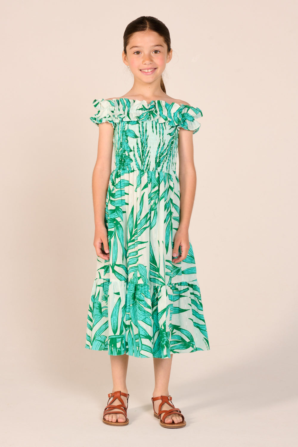 Long Dress Suzanne for girls - Green Palm Leaf - Poupette St Barth