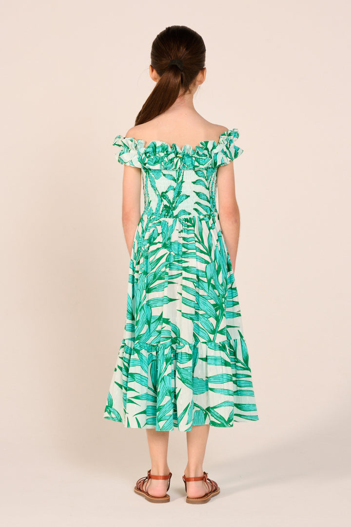 Long Dress Suzanne for girls - Green Palm Leaf - Poupette St Barth