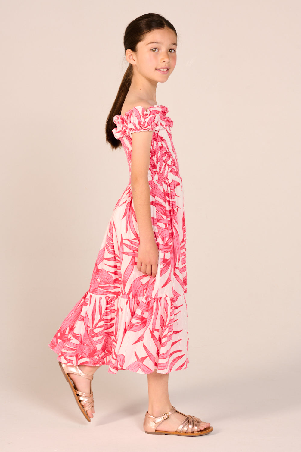 Long Dress Suzanne for girls - Pink Palm Leaf - Poupette St Barth
