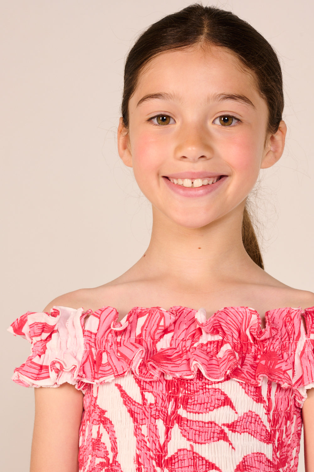 Long Dress Suzanne for girls - Pink Palm Leaf - Poupette St Barth