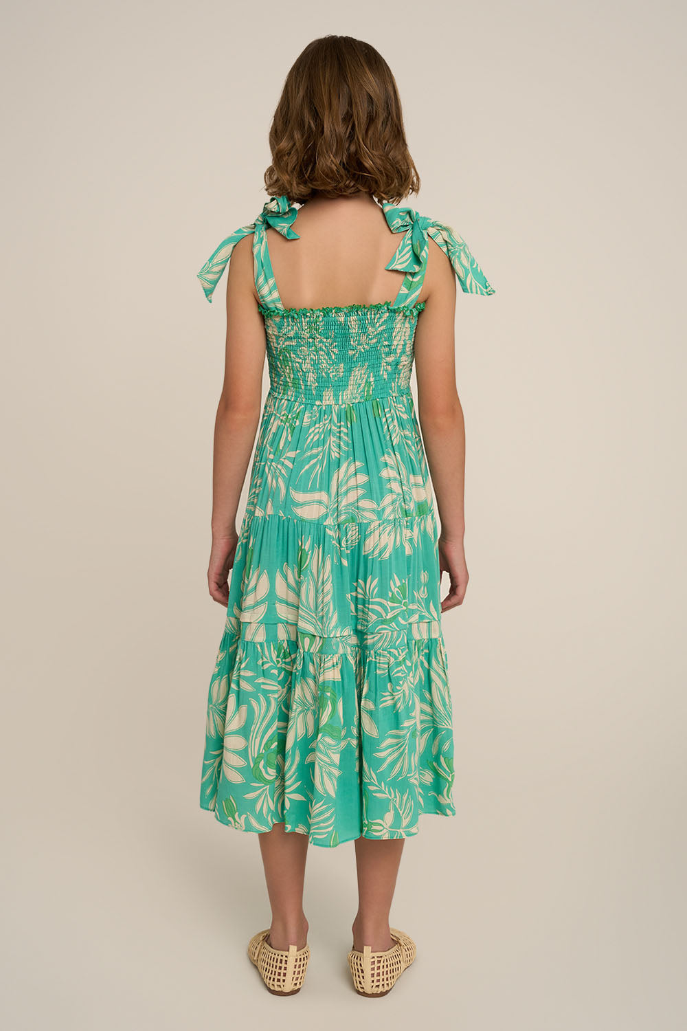 Back view of Poupette St Barth Long Dress Triny for girls in aqua Kerylos, flowing fabric and elegant design.