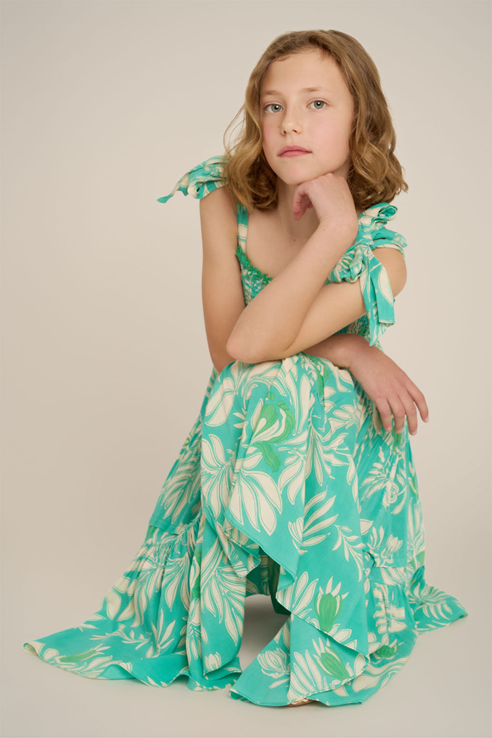 Girls' long aqua dress by Poupette St Barth, Triny style, featuring flowing fabric and elegant design.