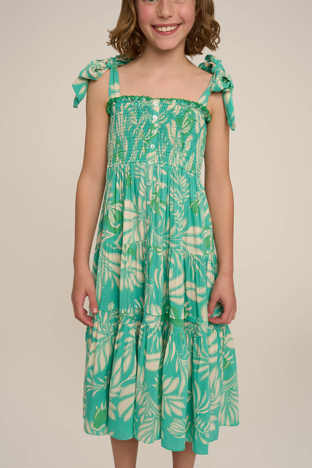 Girls' long aqua dress by Poupette St Barth, Triny style, flowing fabric with elegant design and vibrant color.