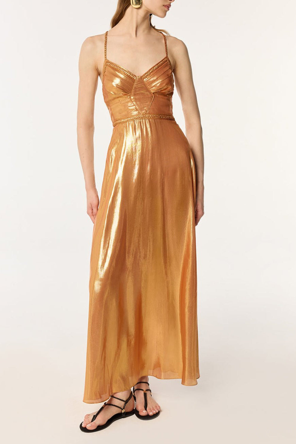rose gold satin long dress Draped Metallic Foil Long Dress In Rose Gold