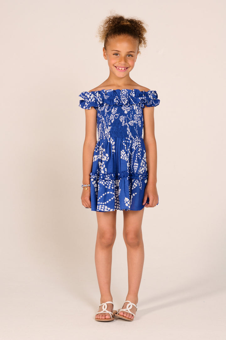 Mini Dress Amber for girls - Blue Austral - Poupette St Barth