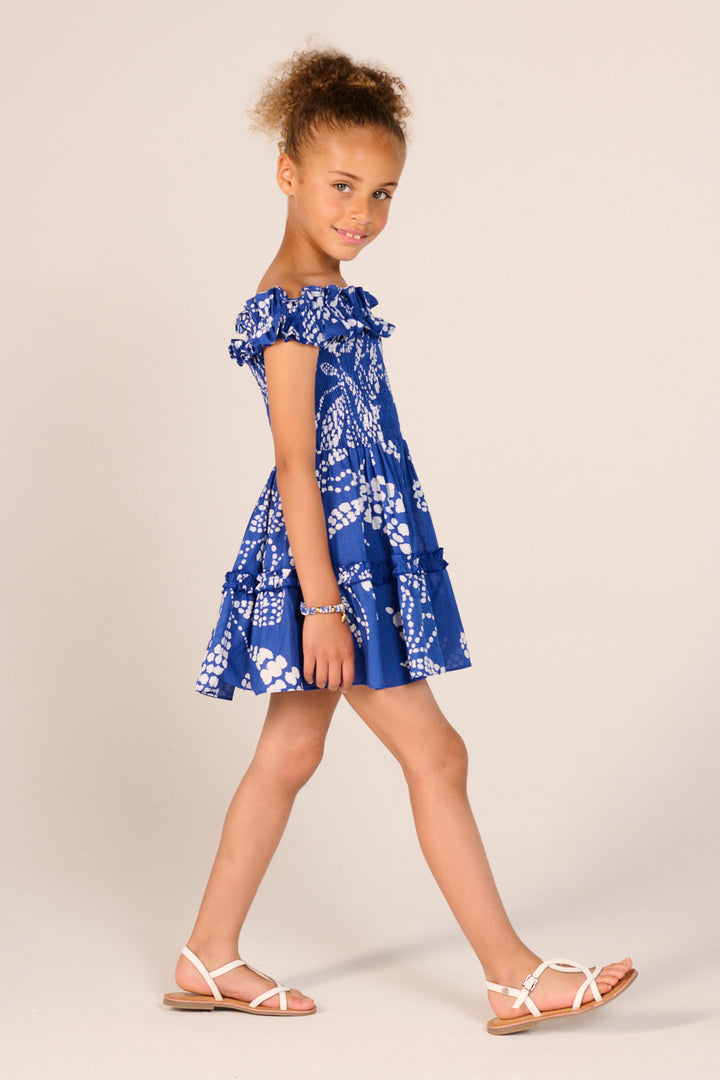 Mini Dress Amber for girls - Blue Austral - Poupette St Barth