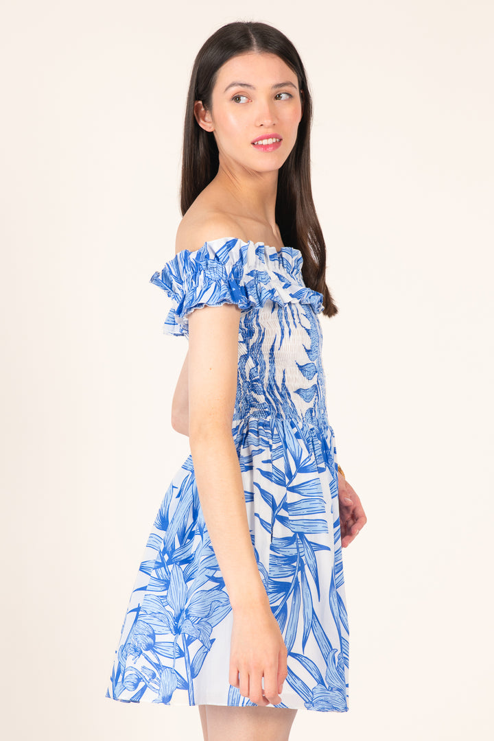 Mini Dress Amber - Blue Palm Leaf - Poupette St Barth