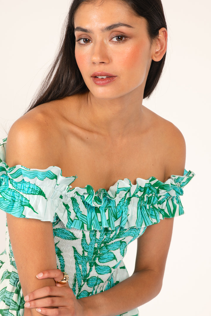 Mini Dress Amber - Green Palm Leaf - Poupette St Barth