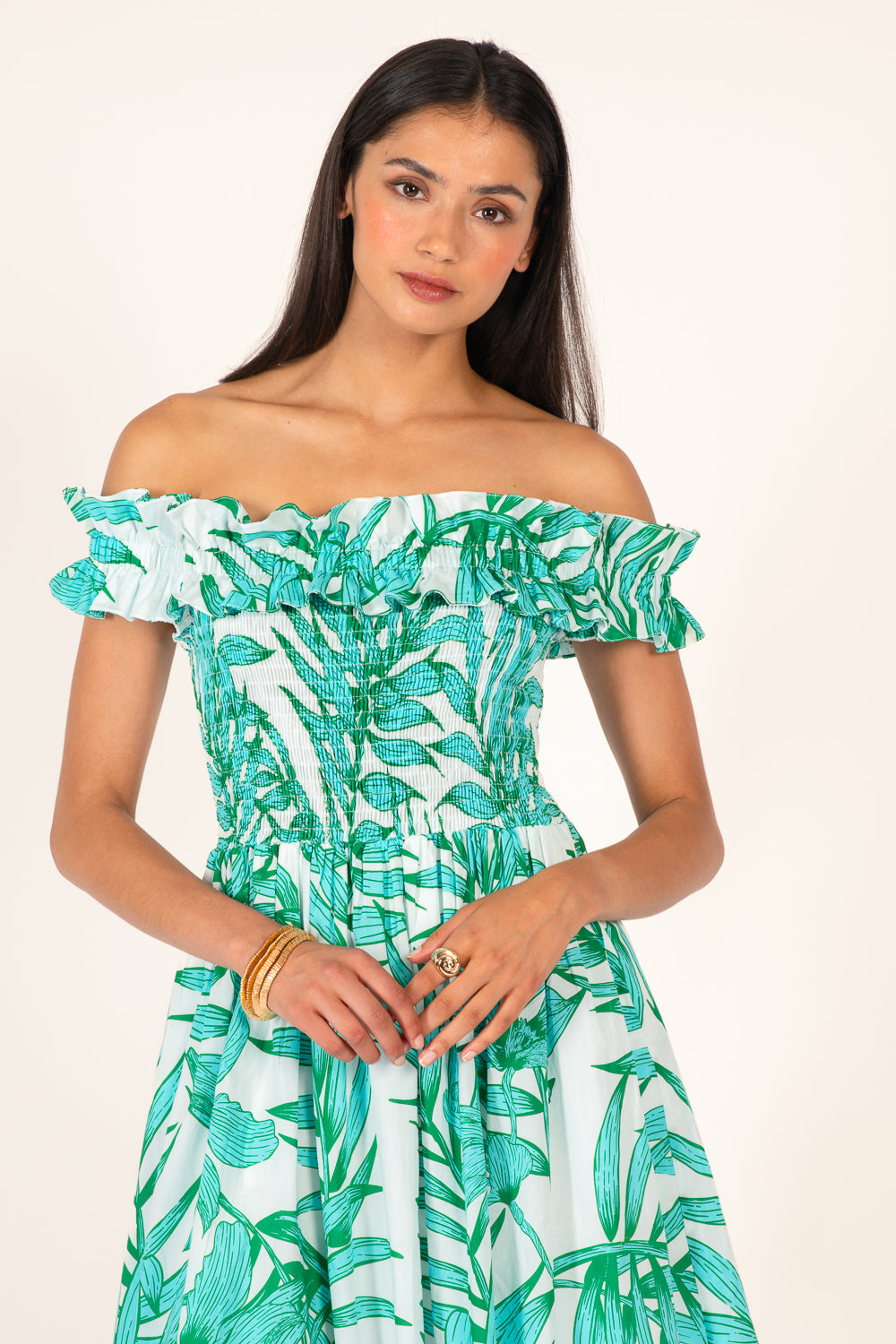 Mini Dress Amber - Green Palm Leaf - Poupette St Barth