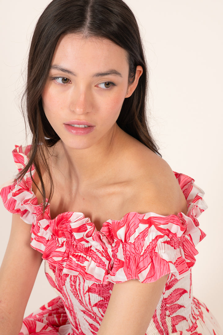 Mini Dress Amber - Pink Palm Leaf - Poupette St Barth