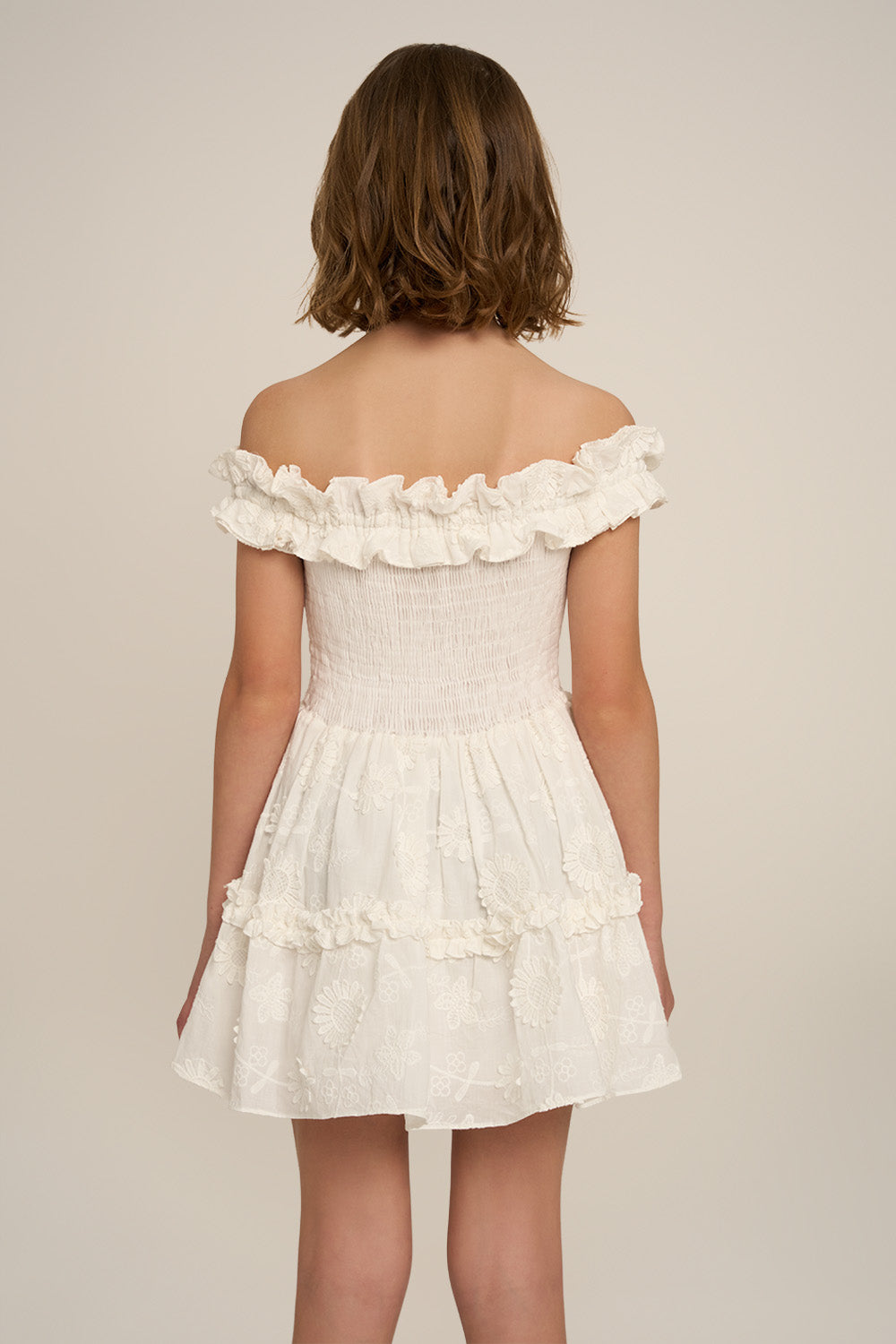 Poupette St Barth girls' Mini Dress Amber in natural white, lightweight fabric with simple, elegant design.