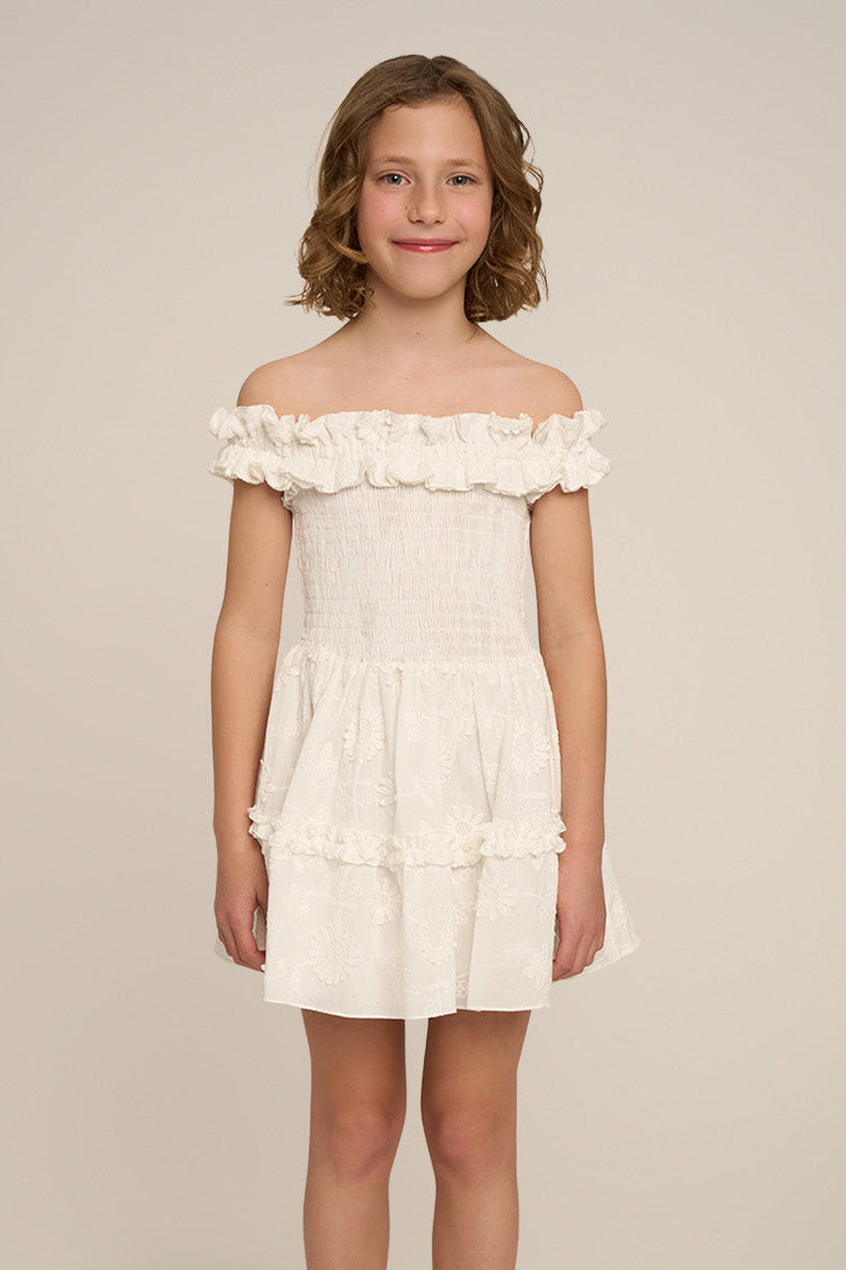 Girls' Mini Dress Amber by Poupette St Barth in natural white, front view showing a lightweight, casual mini dress with simple style.