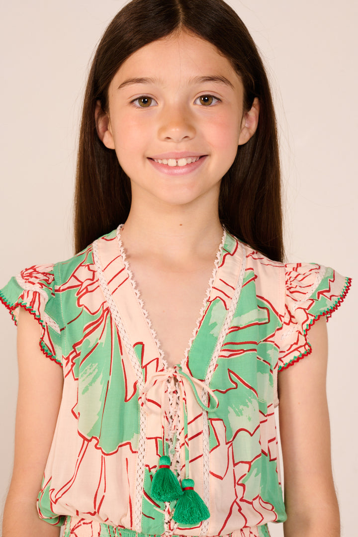 Mini Dress Anais for girls - Green Petal - Poupette St Barth