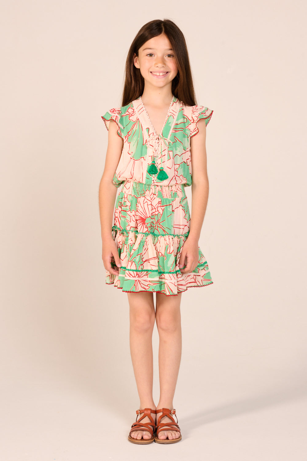 Mini Dress Anais for girls - Green Petal - Poupette St Barth