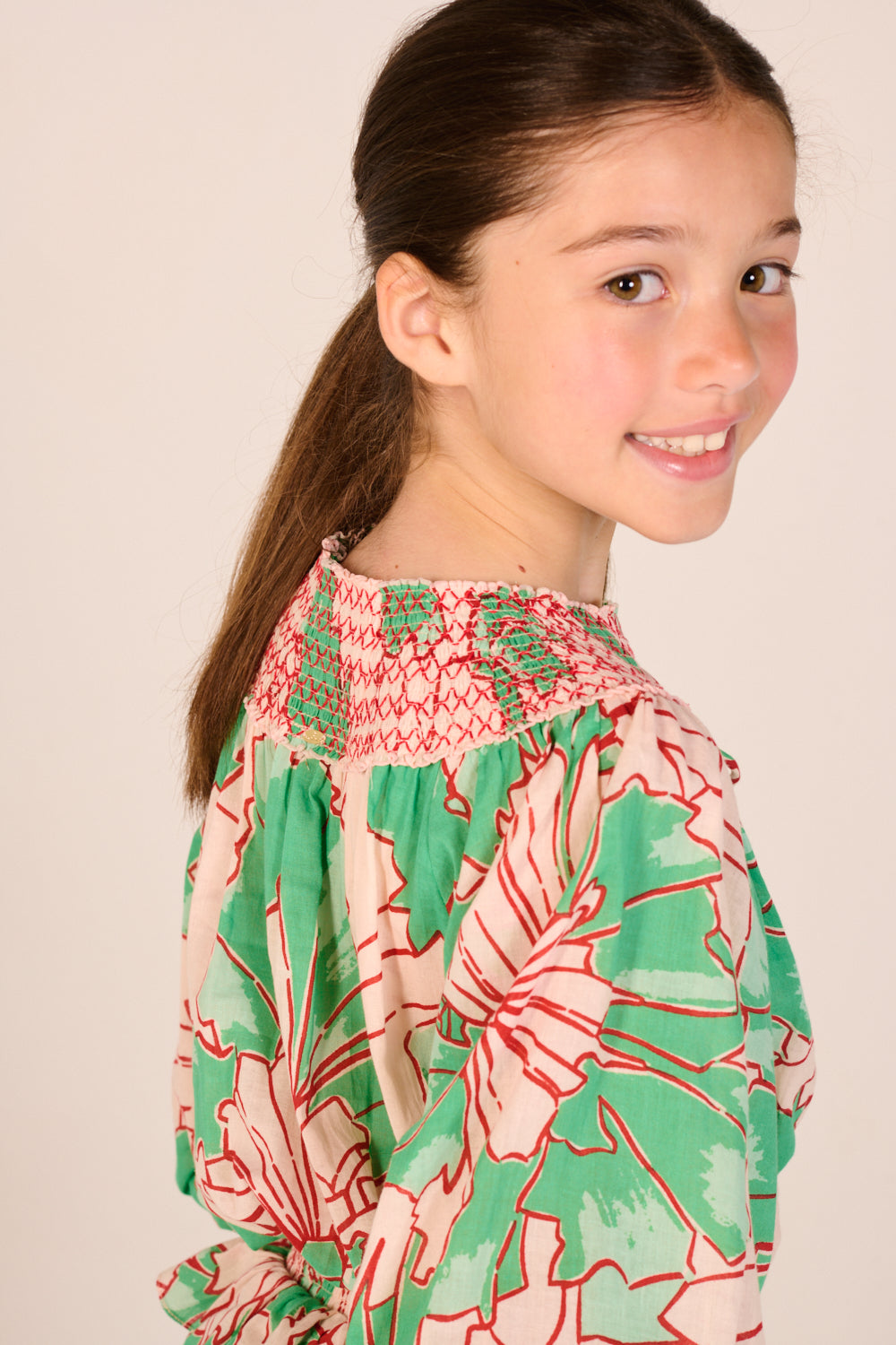 Mini Dress Anna for girls - Green Petal - Poupette St Barth
