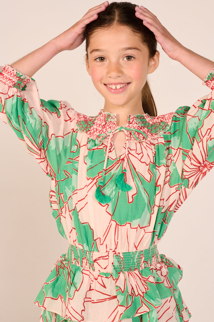 Mini Dress Anna for girls - Green Petal - Poupette St Barth