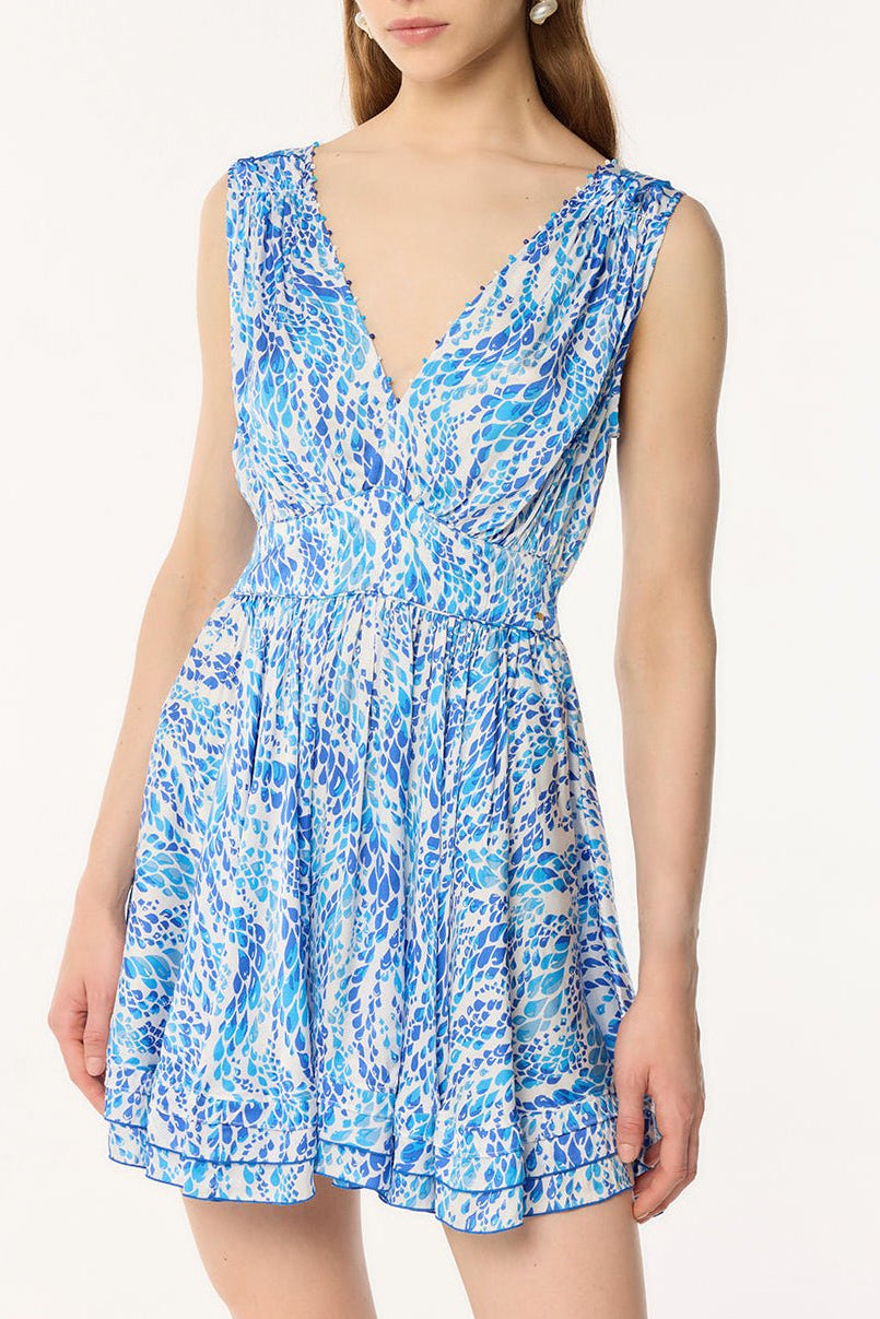 blue and white animal print dress Joleen White Animal Print In Blue Midi Dress Nimisski