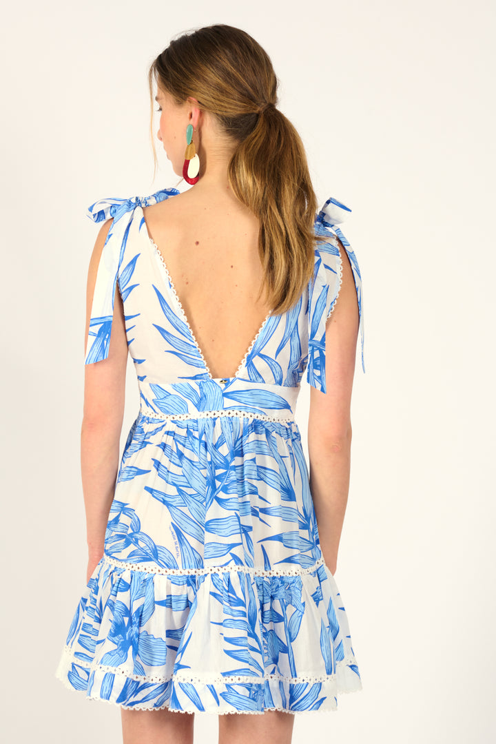 Mini Dress Cara - Blue Palm Leaf - Poupette St Barth