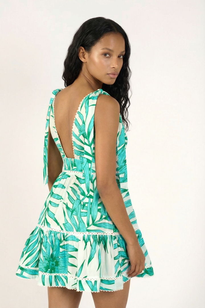 Mini Dress Cara - Green Palm Leaf - Poupette St Barth