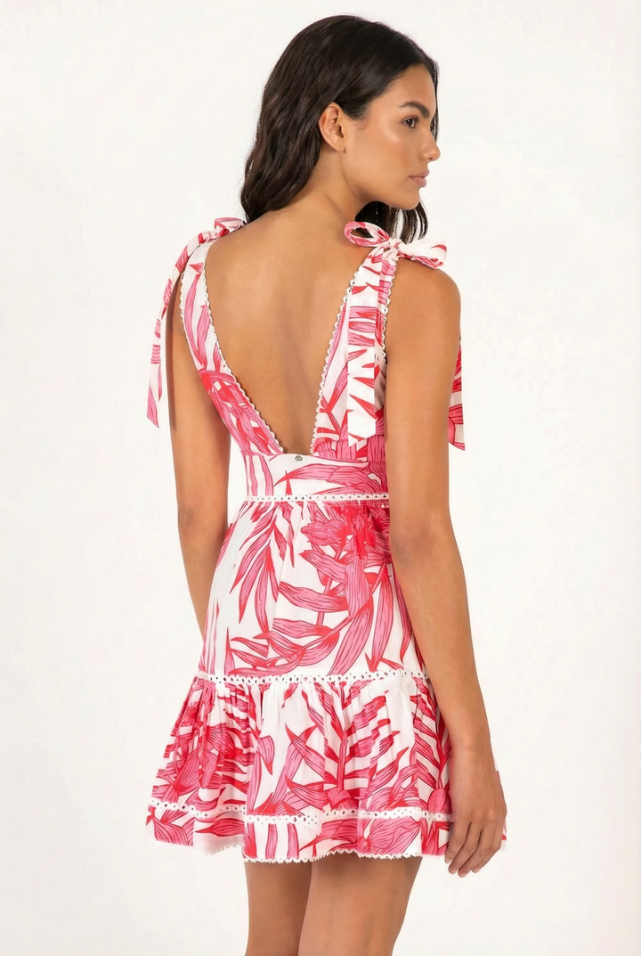 Mini Dress Cara - Pink Palm Leaf - Poupette St Barth